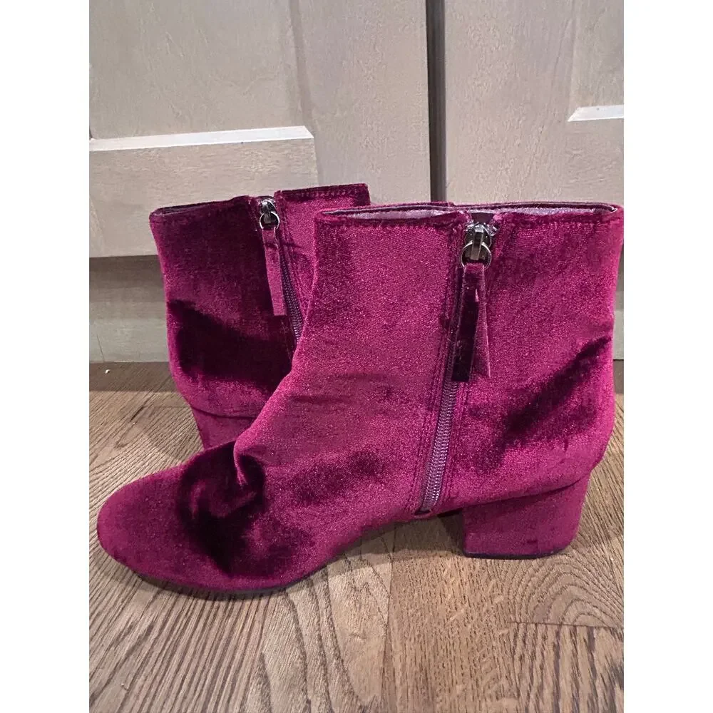 Burgundy Velvet Ankle Boots Low Block Heel Maroon Booties Fall Aesthetic 10 Cozy